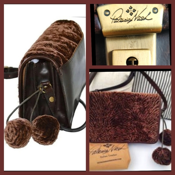 Patricia Nash shearling and leather crossbody bag with pom poms 9"x 7"x 2.5" - Picture 3 of 14